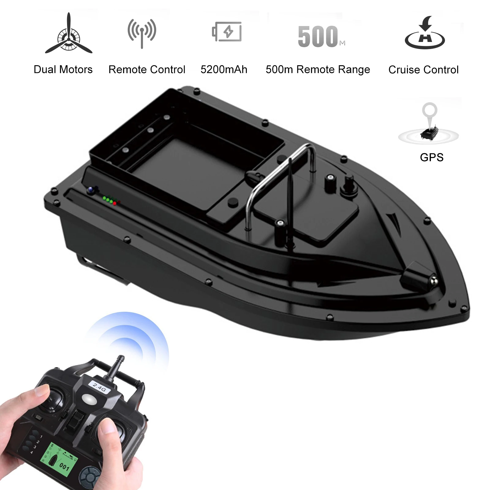 

Bait Boat 500m Remote Control Fishing 2kg Load Fish Finder with GPS 2 Motors Auto Cruise Control Night Vision Light