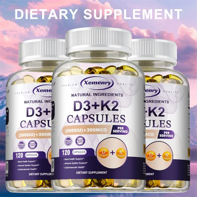 Vitamin D3 5000IU and 200 Mcg Vitamin K2 (MK-7) Capsules for Calcium Absorption, Bone Regeneration, Immune Support, Easy To Melt 1