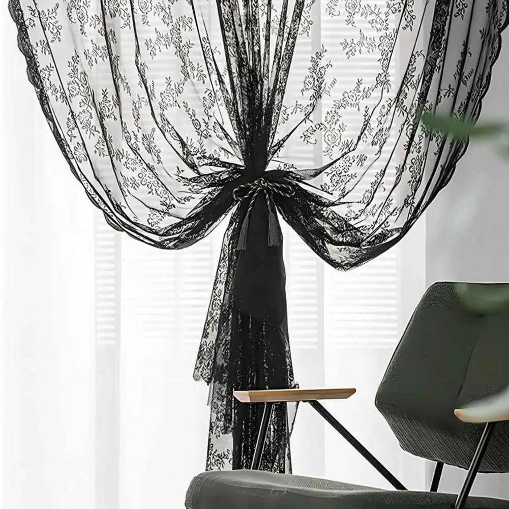 Black Lace Sheer Curtain Floral Lace Sheer Rod Pocket Curtain Panel Living Room Decoration Window Curtains Window Drape Shades 2