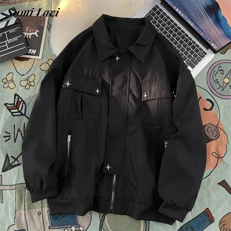 

Casual Patchwork Mens Jacket Coat 2023 Spring Autumn Fashion Patchwork Zipper Pockets Cargo Jackets Men Streetwear Cardigan Coat