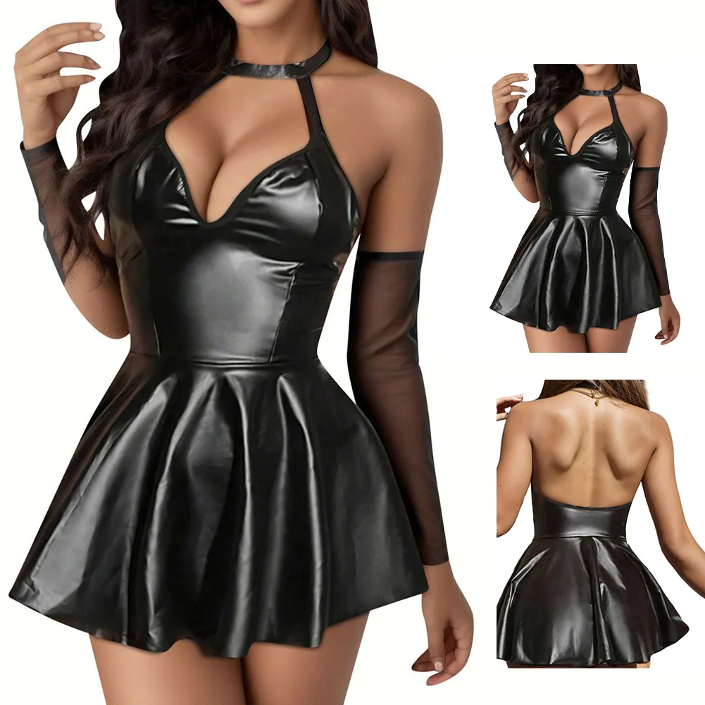 

Соблазнительная одежда Lingerine, женское облегающее платье из искусственной кожи, Клубная одежда с влажным эффектом, ТРАПЕЦИЕВИДНОЕ ПЛАТЬЕ, соблазнительная Экзотическая одежда с открытой спиной