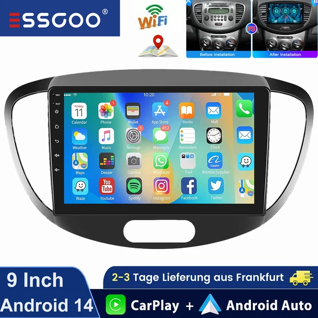ESSGOO Android 14 pour Hyundai i10 2007–2013 9" CarPlay sans fil Android Auto Écran IPS tactile Navigation GPS Commandes au volant Autoradio Bluetooth WiFi USB FM Lecteur vidéo multimédia Mirror Link Image dans l'image 1
