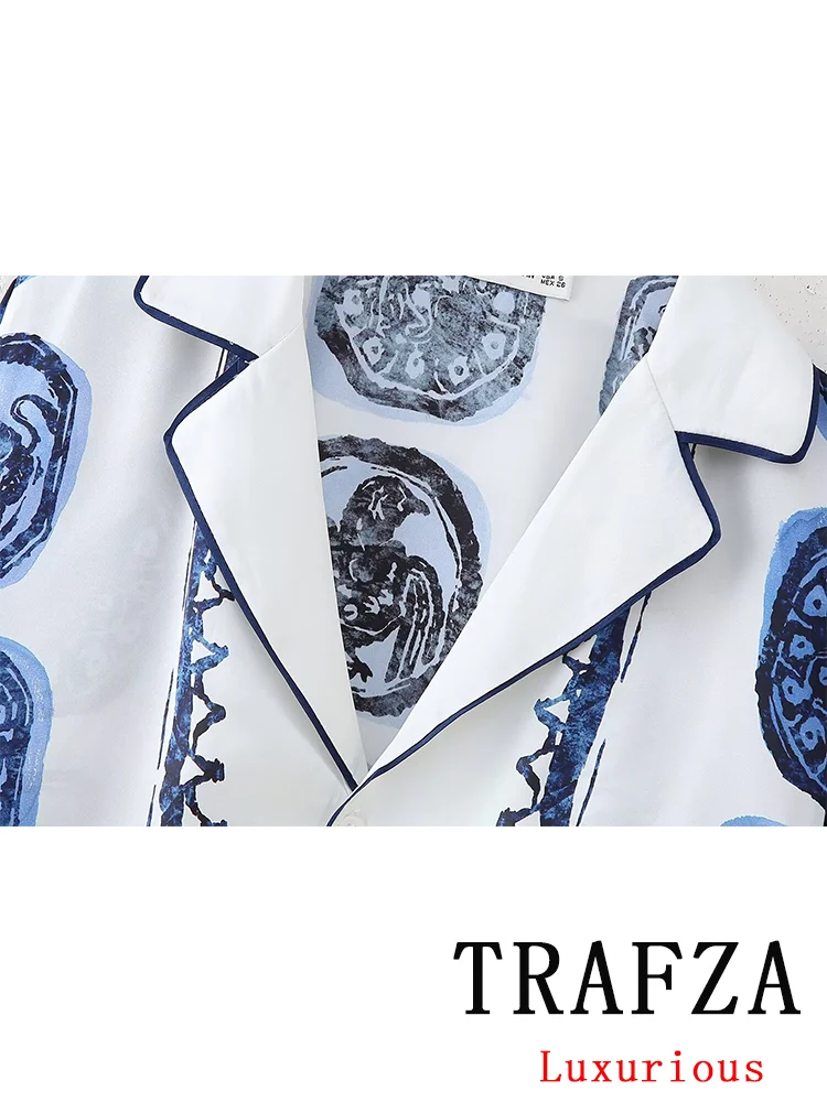 TRAFZA Vintage Casual Print Women Suit Single Breasted V Neck Shirts+Loose Wide Leg Long Pants Fashion 2024 Autumn Women Sets - Image 5