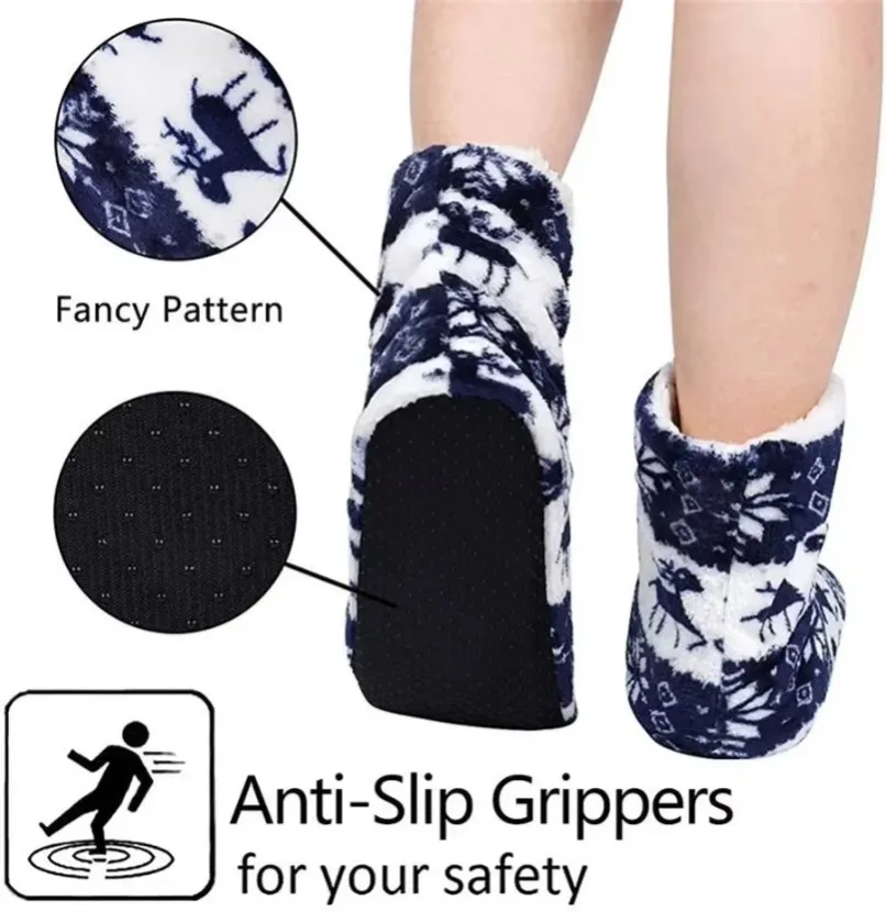 Slippers Womens Home House Winter Gift Elk Fur Plush Grip Sole Indoor Shoes Boots Men