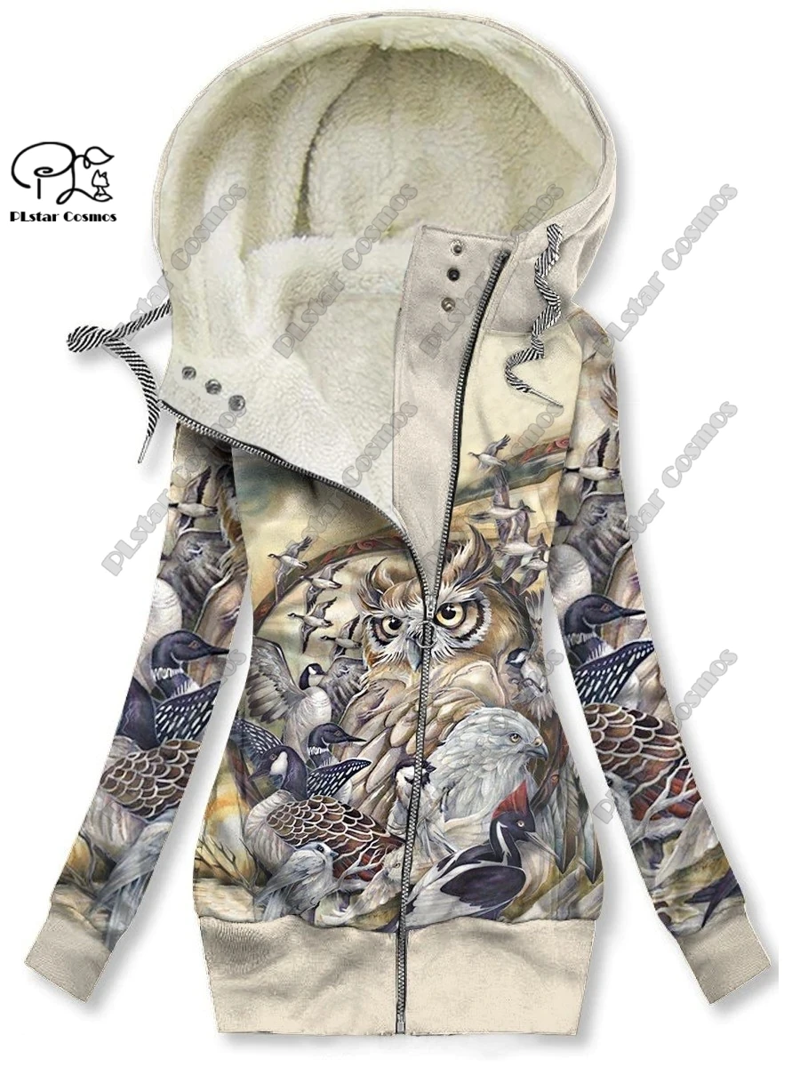 New 3D printed animal series cute owl pattern plus velvet warm women's long zipper hoodie coat commuting casual winter M-1