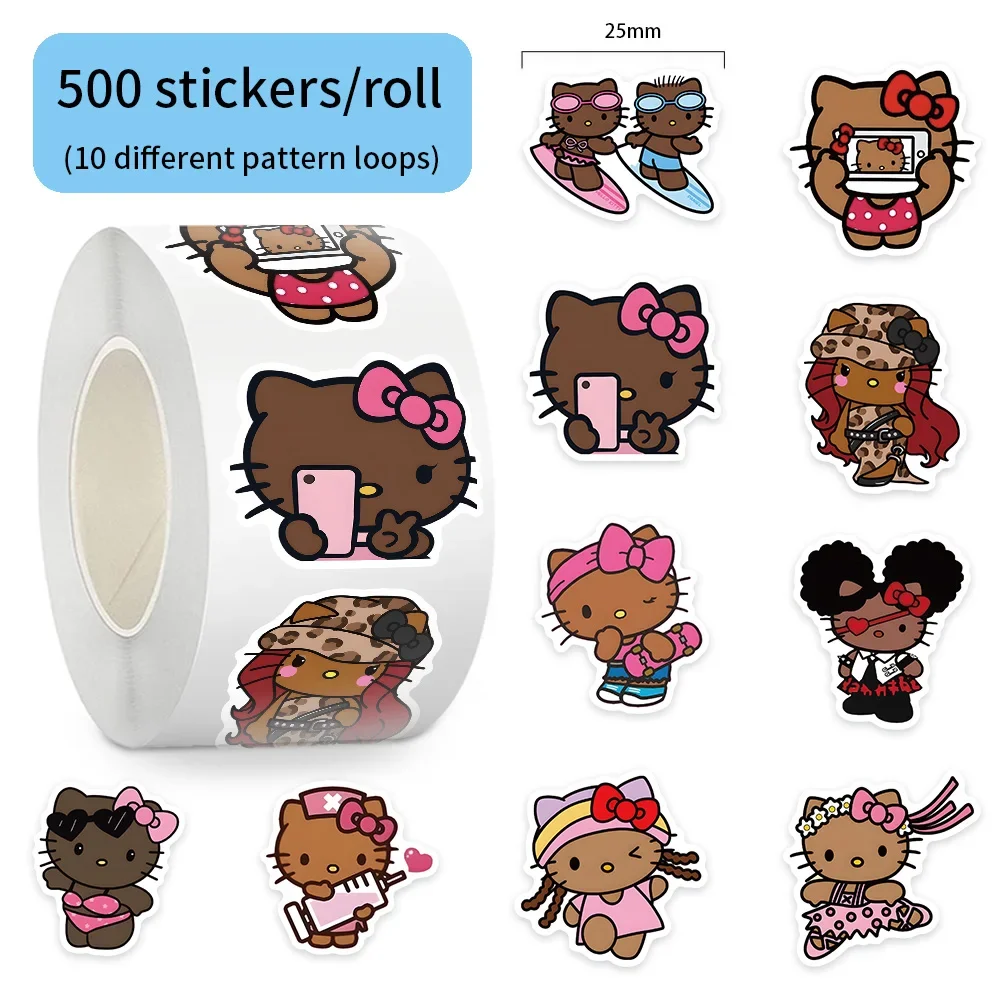 500 יחידות / גליל מדבקות Hello Kitty Sanrio שחורות גליל DIY סקייטבורד מחשב נייד גיטרה טלפון רכב חותמת תוויות מדבקות קישוט
