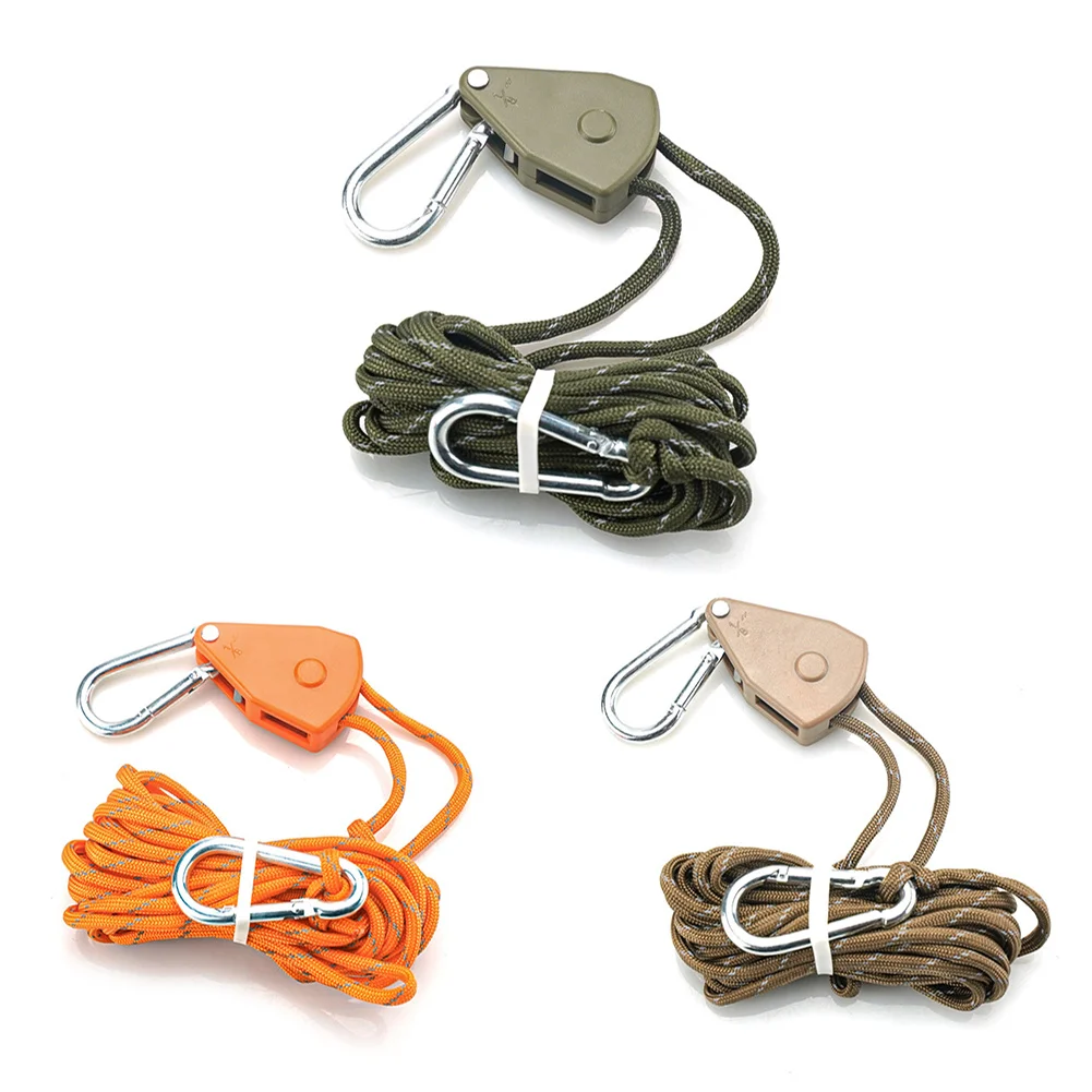 

Brand New Rope Buckle 4/5M With Carabiner Buckle Adjustable Hanging For Tent Lanyard Lifting Pulley Rope Ratchet Hanger