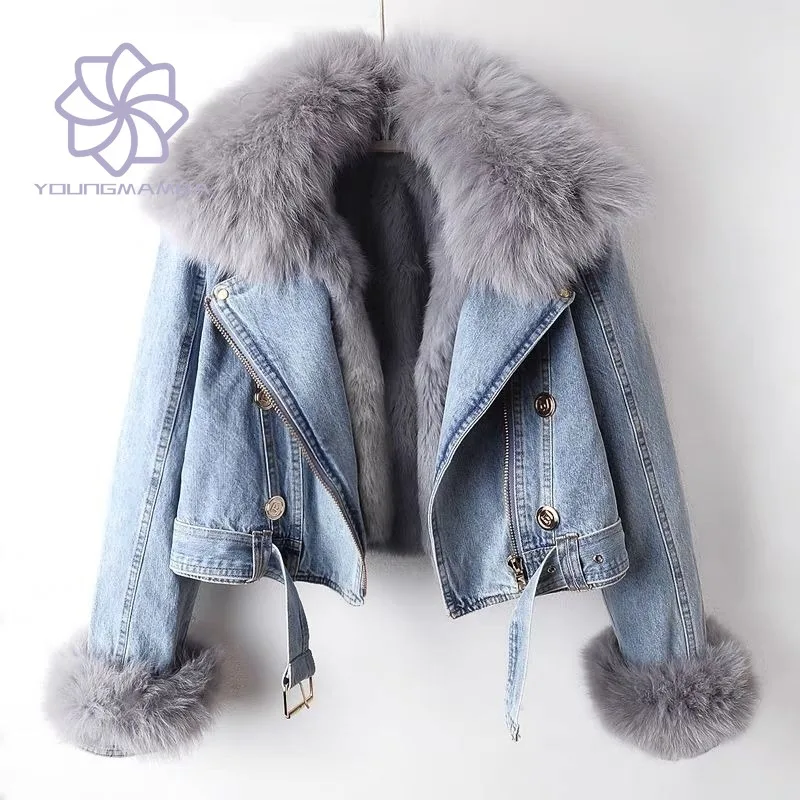 

2023 Autumn Winter New Imitation Rabbit Fur Denim Jacket for Women Short Top Female Thick Warm Outerwear