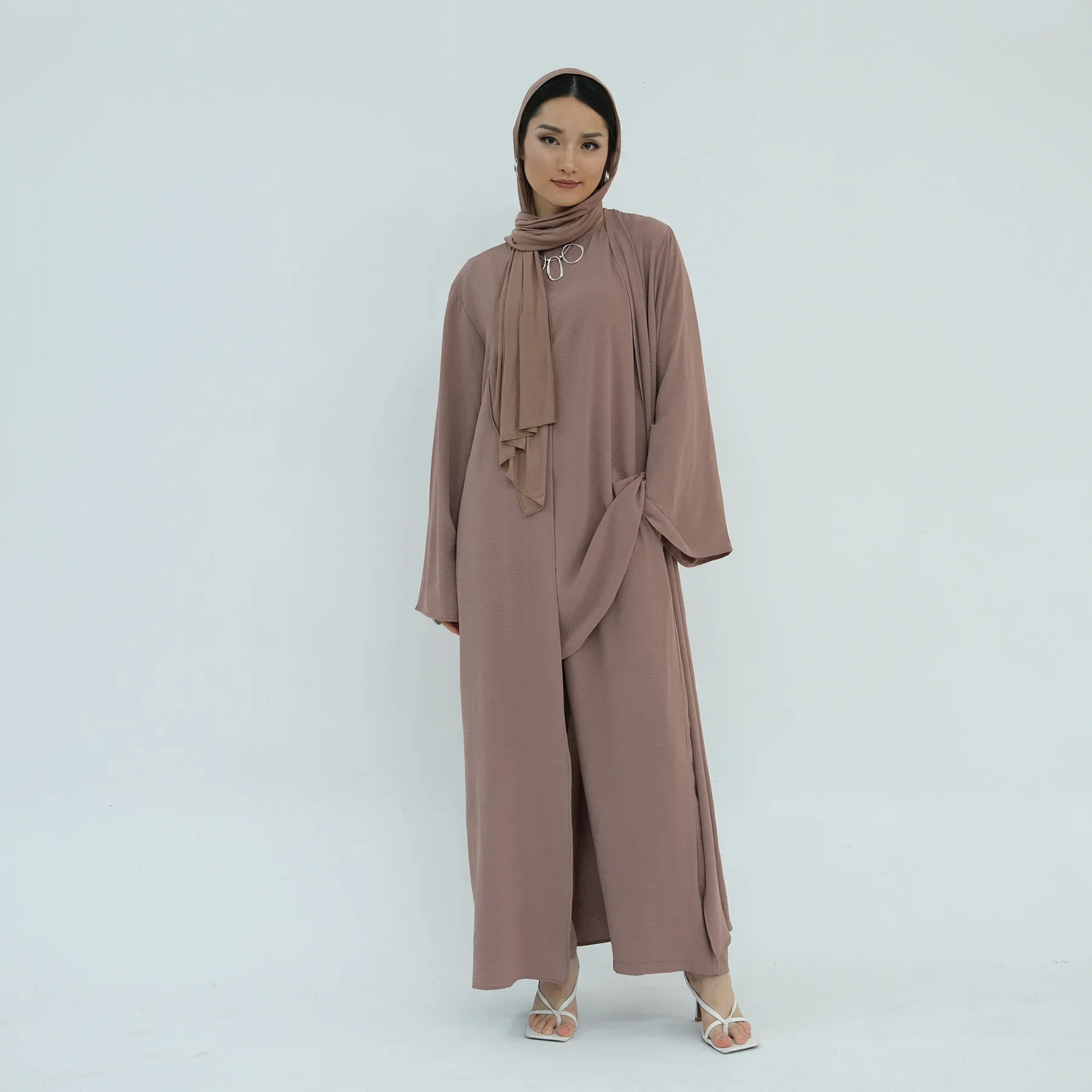 

3 Pieces Set Muslim Women Clothing Crepe Causal Plain Open Abaya Top and Pants Suit Sets Islamic Outfits Ensembles Musulmans