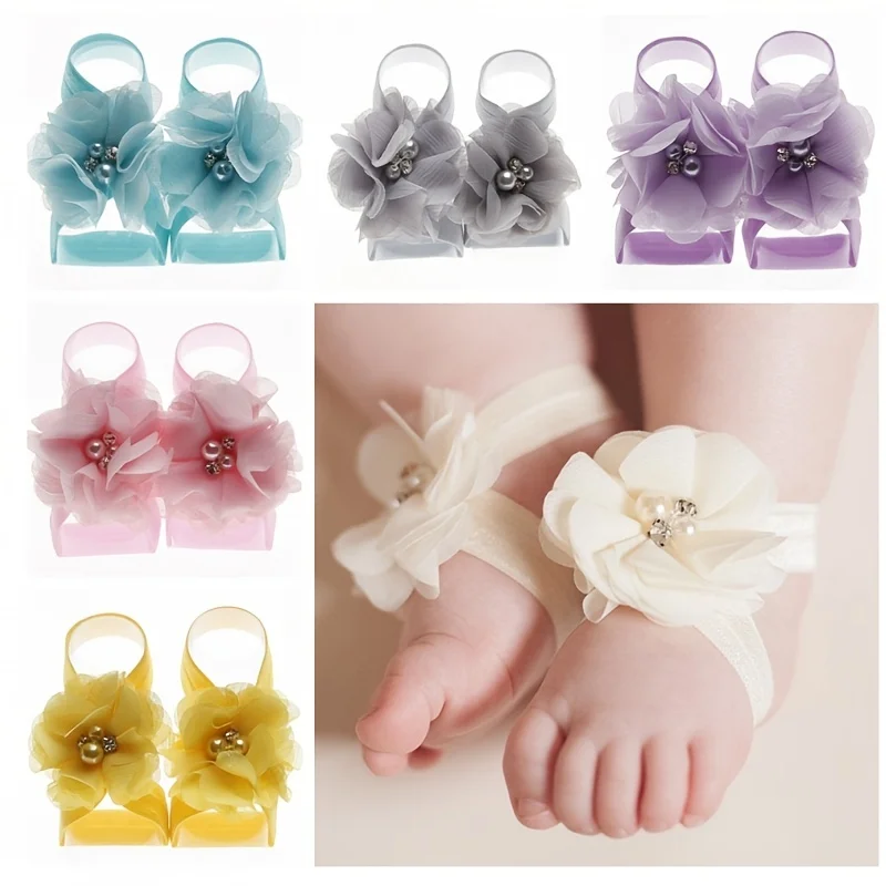 

Vintage Newborn Chiffon Rhinestone Flower Barefoot Sandals Baby Elastic Band with Foot Flowers Girls Photo Props