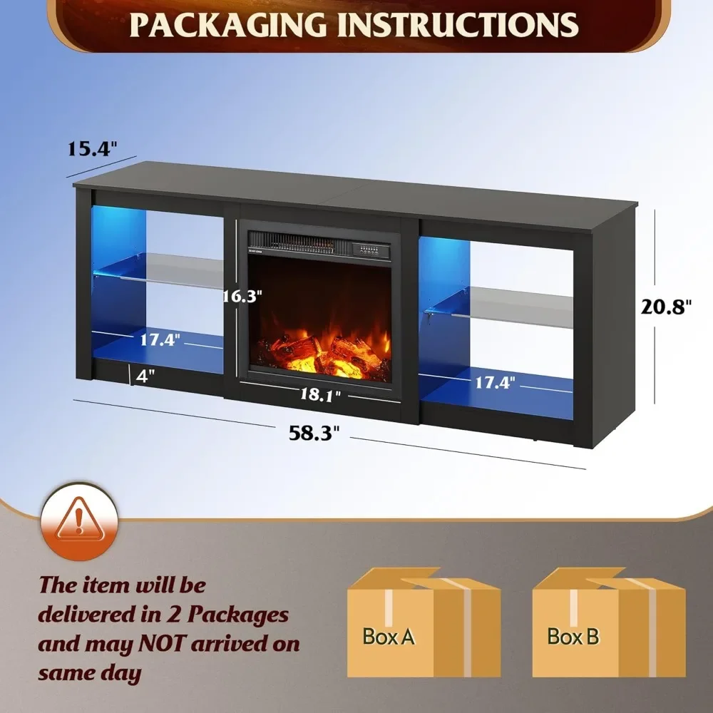 Fireplace TV Stand with LED Lights & Glass Shelves, Modern Entertainment Console 58 Inch TV Console - Image 3