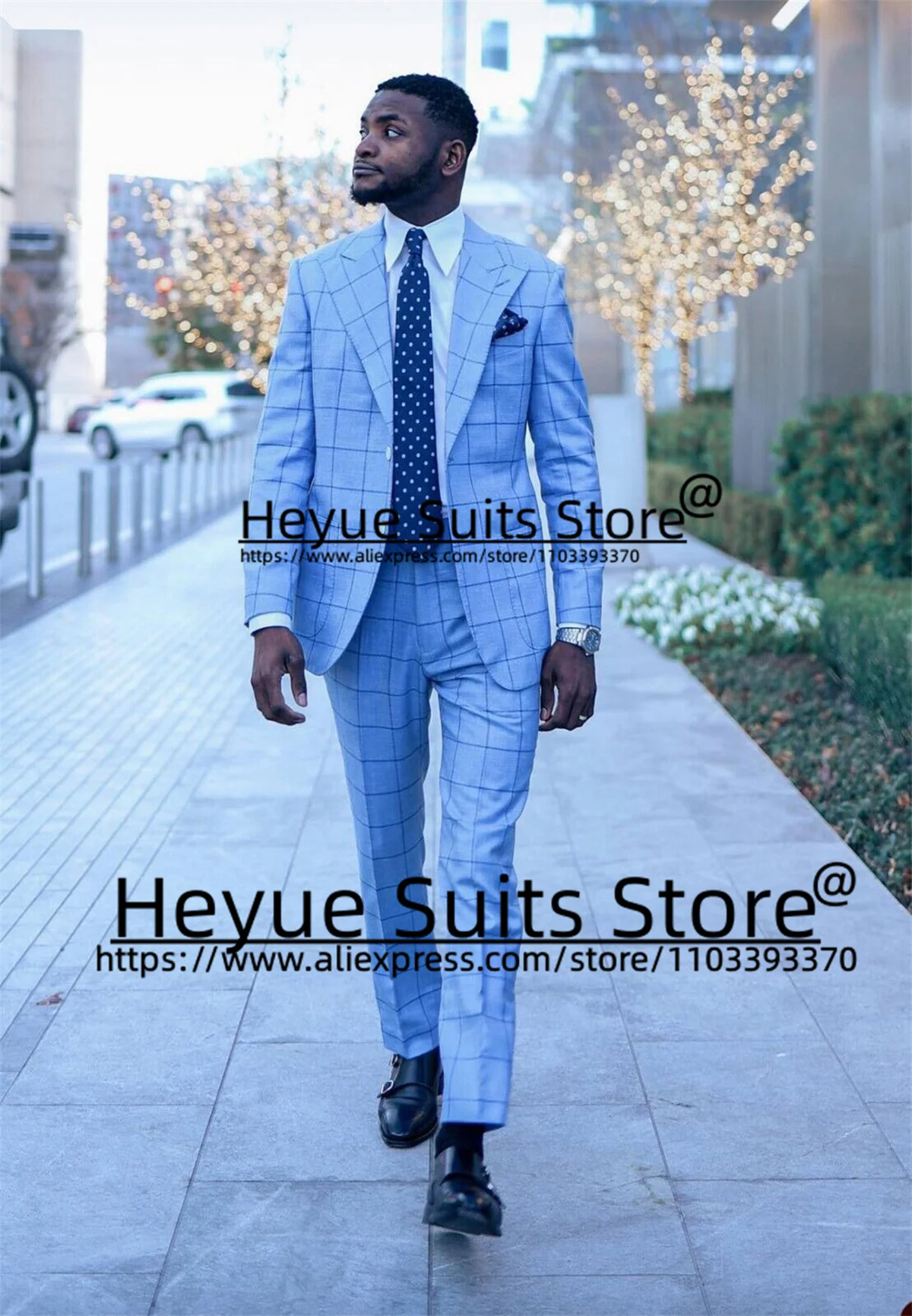 Business Sky Blue Plaid 2Pcs Sets Formal Men Suits Custom Slim Fit Notched Lapel Groom Tuxedos Fashion Male Blazer Costume Homme