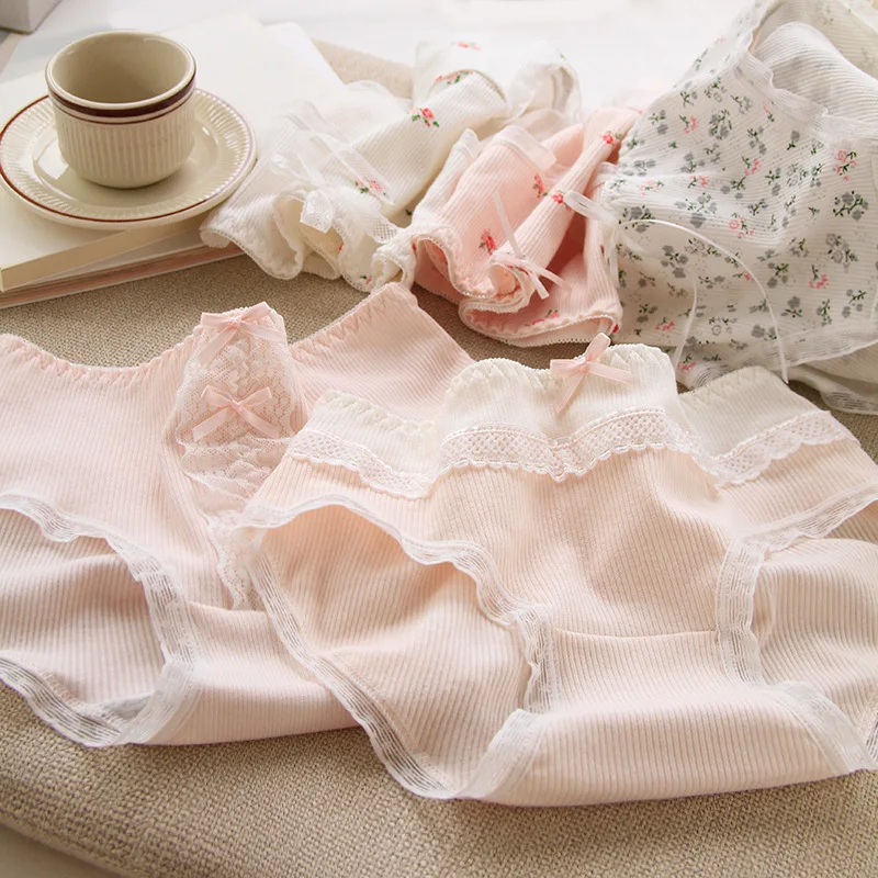 PinkSmallFloralCuteLaceLaceEdgeWomensPantiesBowSoftCotton