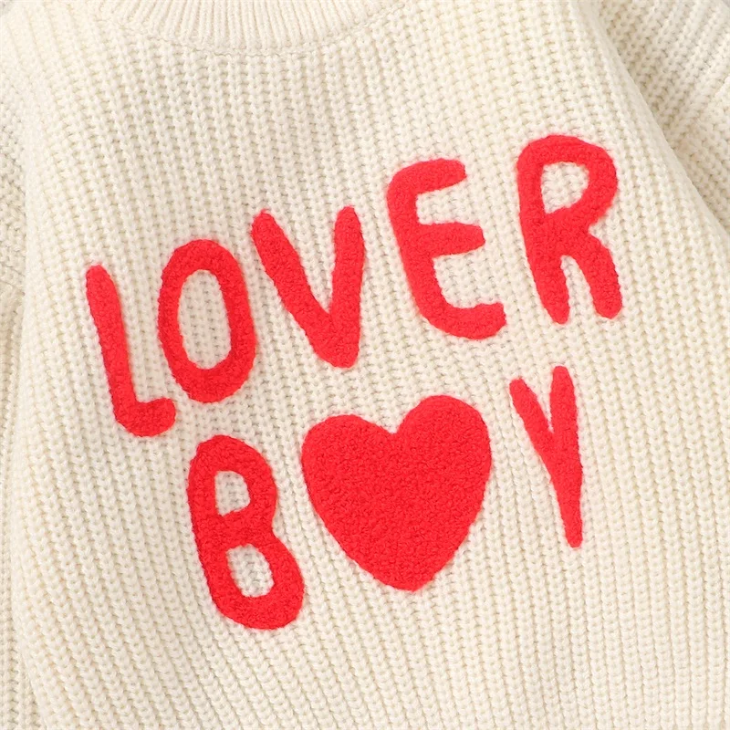 Baby Boy Jumper Knitted Sweaters Long Sleeve Round Neck Love Boy Heart Letter Embroidery Knit Pullovers Tops Knitwear