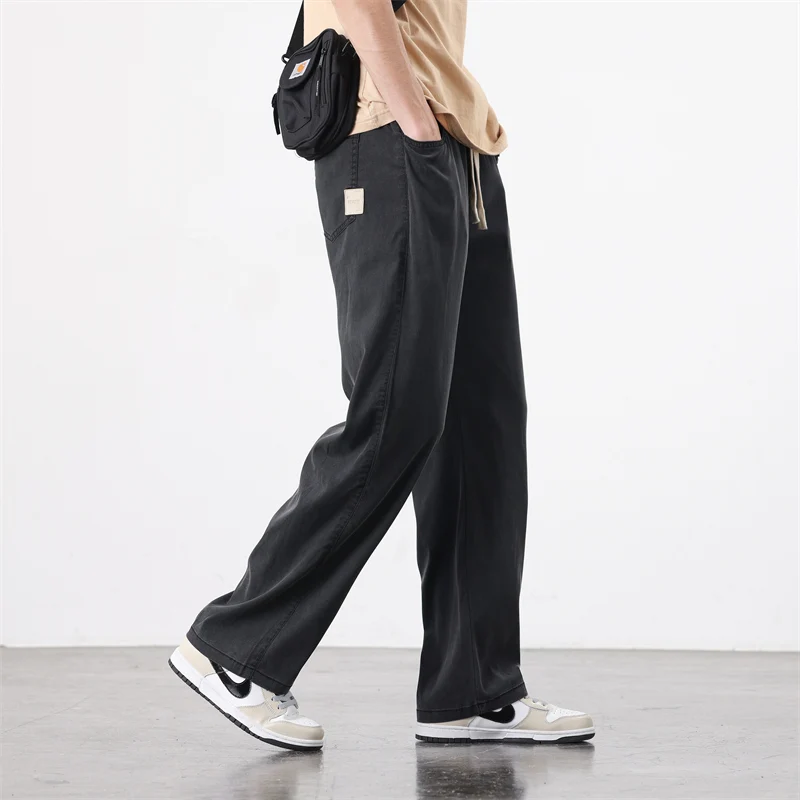 Summer Men Soft Lyocell Fabric Trousers Thin Baggy Straight Wide Leg Pants Drawstring Elastic Waist Korea Jogger Casual Pant