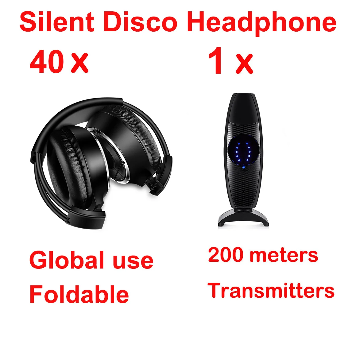 

CATASSU Silent Disco Complete System Black Folding Wireless Headphones and Transmitters 40 Receivers Package 200m Distance