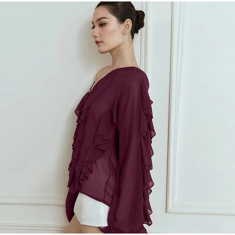 Blusa Feminina Manga Longa em Chiffon Com Babado