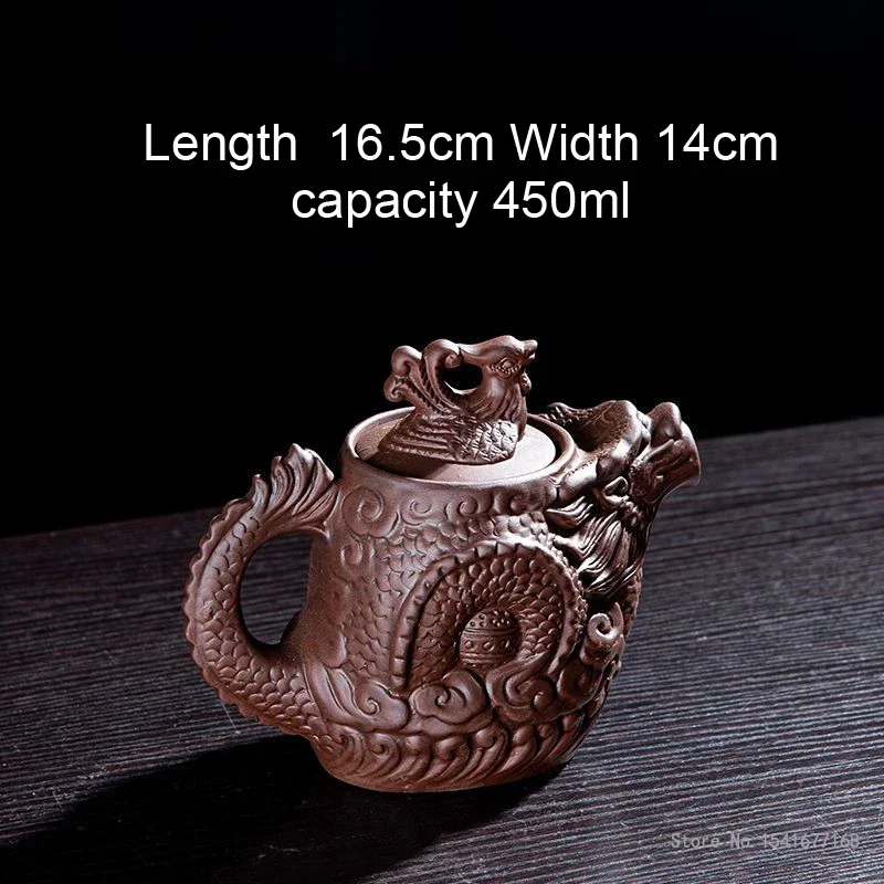Chinese Kongfu Relief Dragon Pattern Teapot, Home Office Living Room Supplies, Purple Clay, Retro Vermilion Clay Tea Pots, 450ml