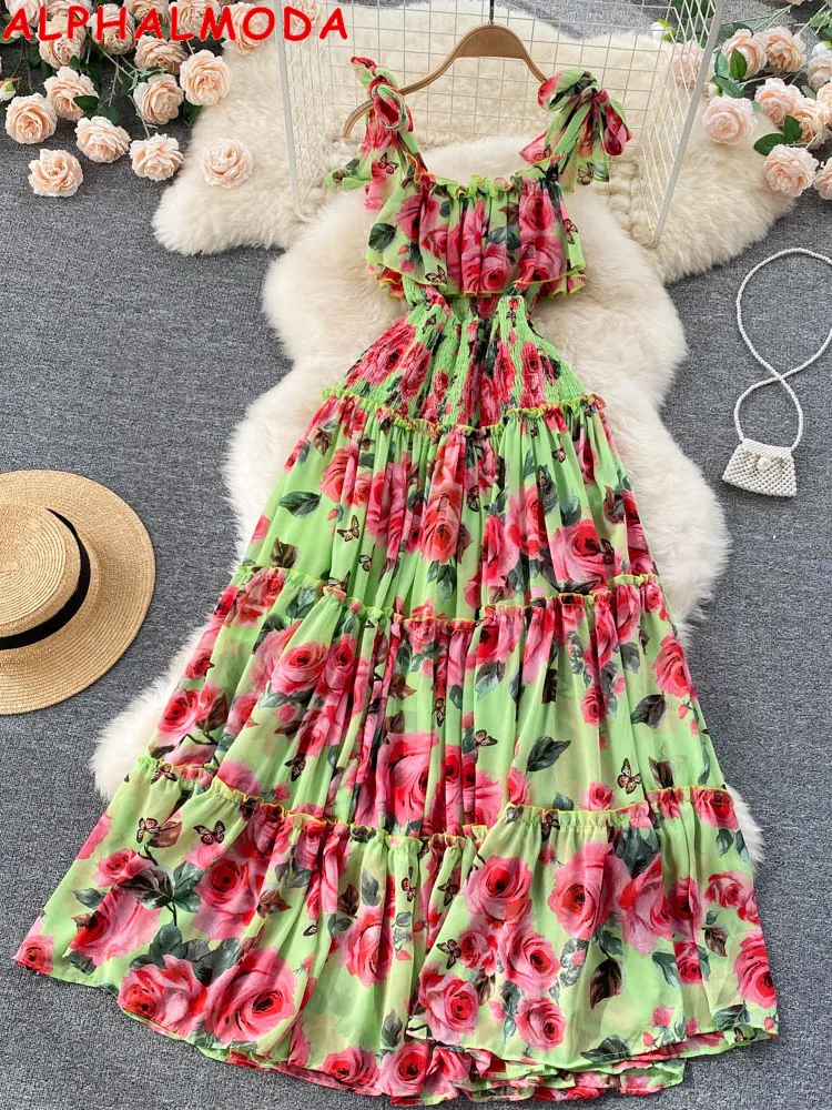 

ALPHALMODA 2022 Summer Floral Printed Women Trendy Beach Dress Bind Strap Shoulder Flounce Maxi Holiday Boho Style Dress