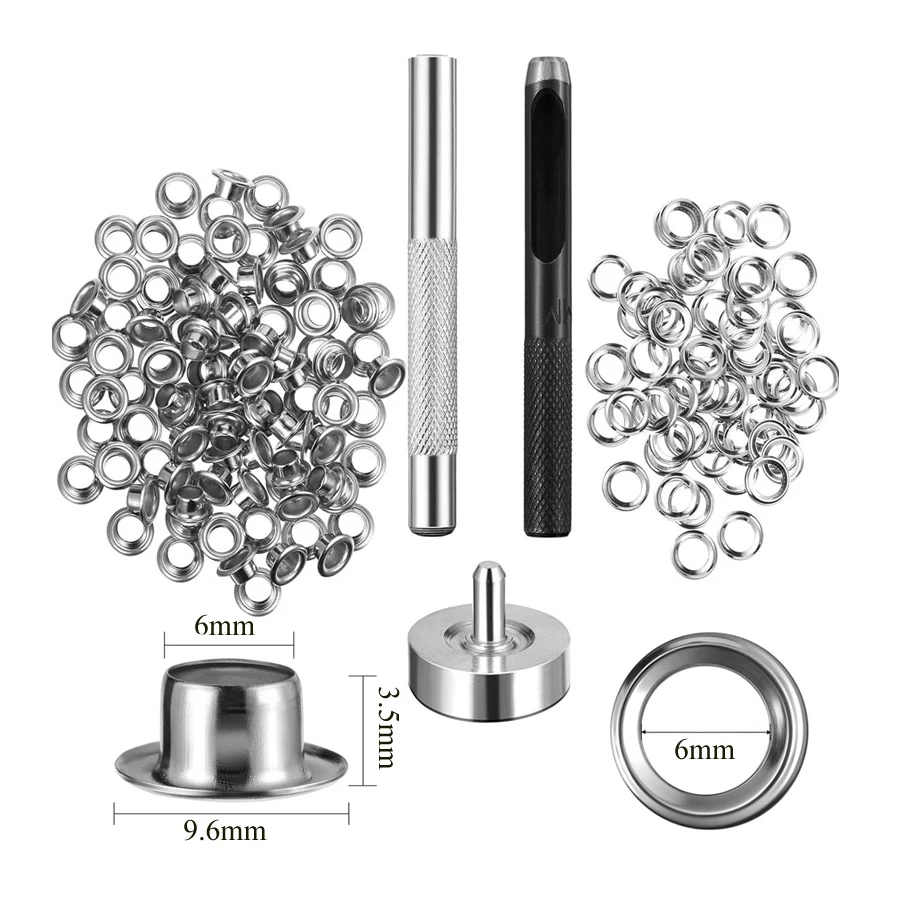 Grommet Kit Size 6/8/10/12mm With 3 Eyelet Stamping Tools For Repairing Canvas Waterproof Cloth Shoes Clothing Eyelet Punch Tool Set 100 Sets