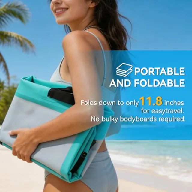 Inflatable Boogie Board for beach pool use, PVC core material, blue color, lightweight and foldable with wrist straps