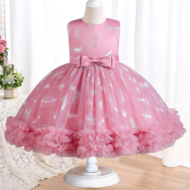 

4-12 year old girl princess dress sequin feather print dress children's birthday party banquet sleeveless tulle cake dress