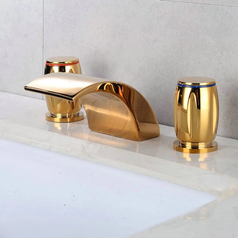 

Кран для умывальника водопада горячей и холодной, медный кран для раковины с тремя отверстиями Золотой, латунный кран для ванной комнаты с ручкой