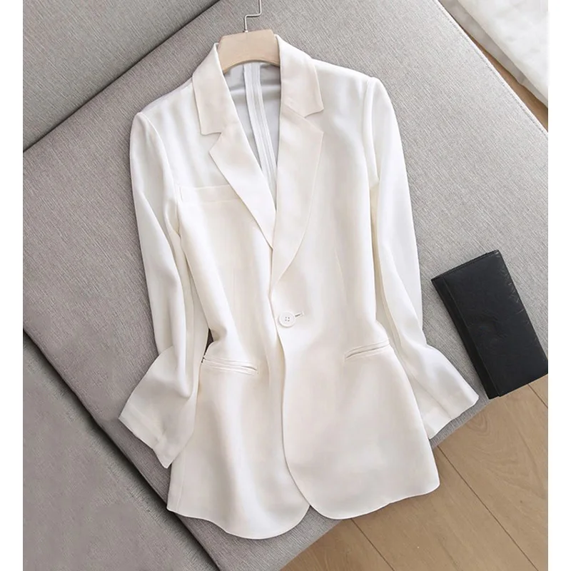 

2023 New Triacetate White Suit Jacket Satin Blazers White Black Pink Women Thin Casual Premium Sense Small Suit OL Style