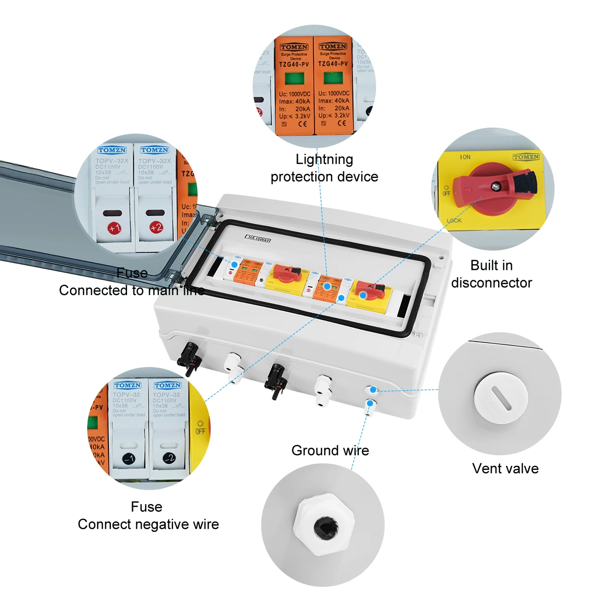 Solar photovoltaic PV Combiner Box Lightning Protection 2 input 2 out DC 1000V Fuse MCB SPD Waterproof Box IP65 18ways