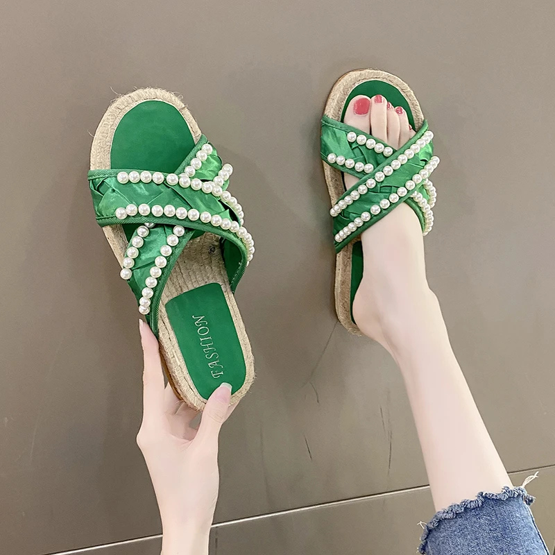 

Slippers Women 2022 Summers New Fashion Beach Women Slippers Large Size Pearl Slippers Women Solid Color Ladies Shoes
