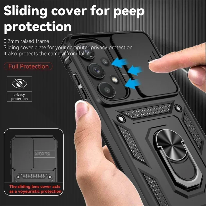 Military Grade Shockproof Phone Case with Slide Camera Lens Cover & Holder Ring Stand