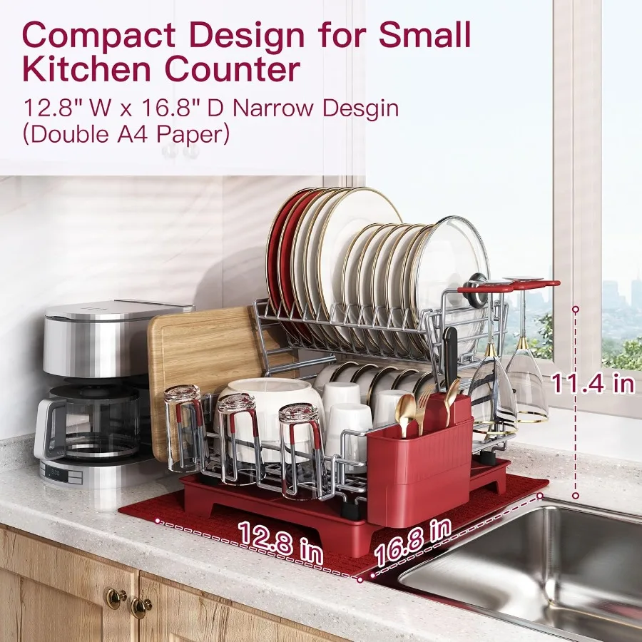 2 Tier Red Large Stainless Steel Dish Drainers Drying Rack for Kitchen Counter with Drainboard Rust Proof Metal Space Saving Mo