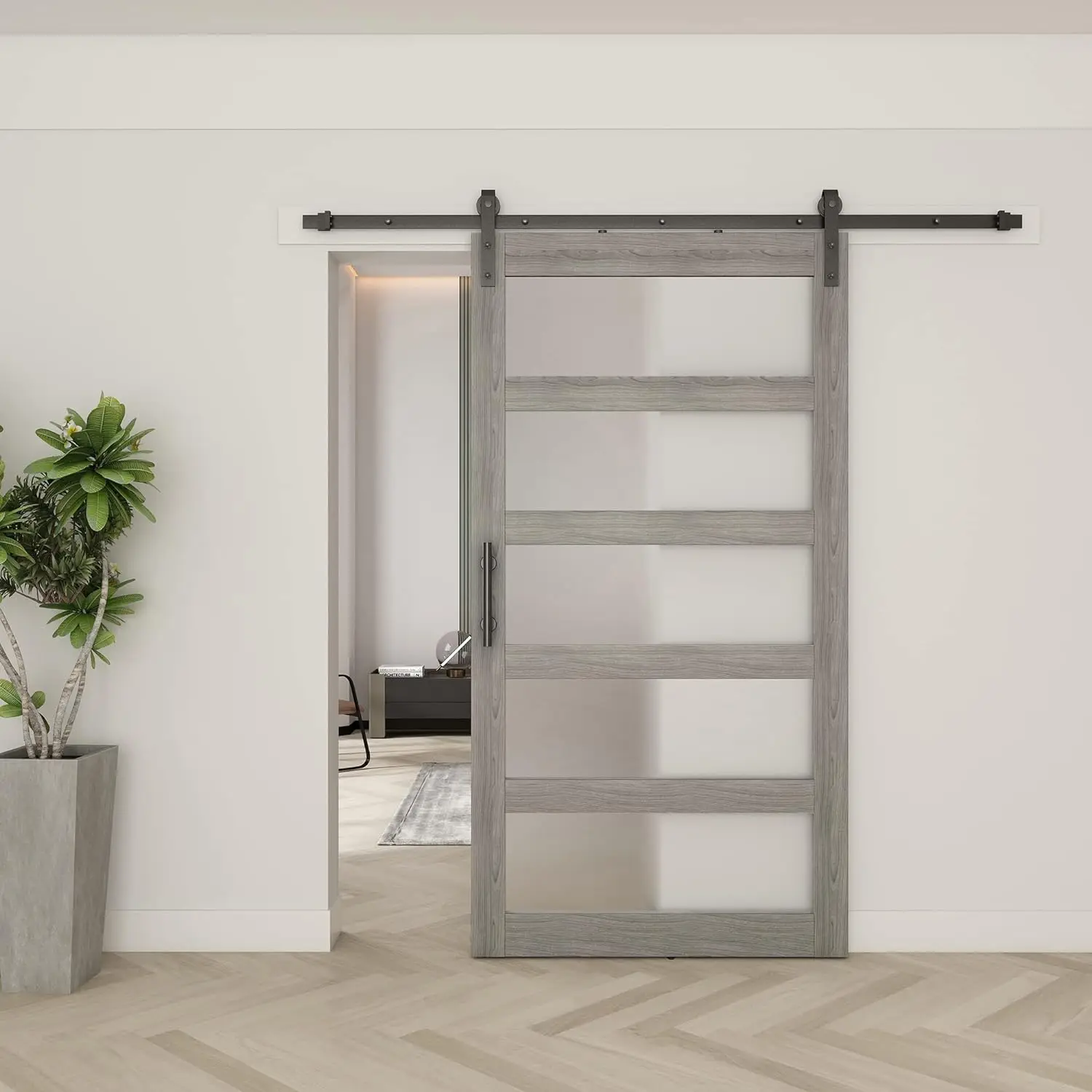 

BARNSMITH 42in x 84in Glass Barn Door with 7FT Sliding Door Hardware Kit Included & Handle,5-Panel Frosted Glass Solid Wood Slab