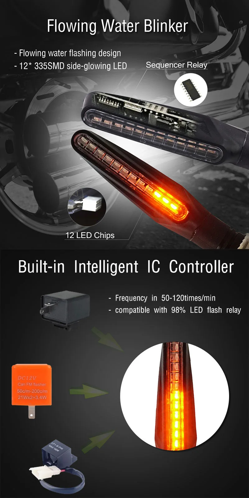 Universal Motorcycle Turn Signal Light Built Relay 12V Flasher Moto Led Flowing Water Blinker Bendable Flashing Signals Lamp