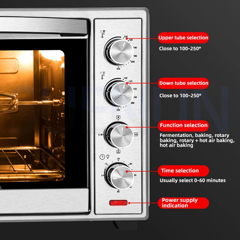 Household Mechanical Electric Oven Temperature Control Electric Oven Stainless Steel Black Crystal Panel 60L