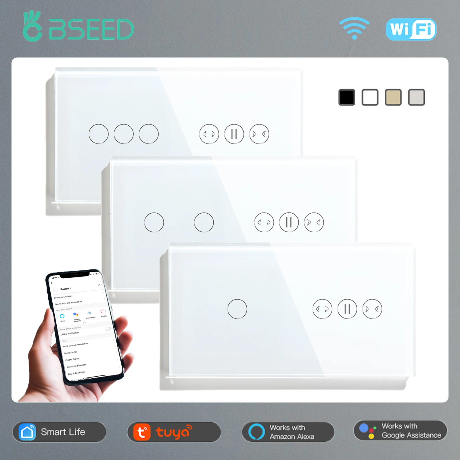 Bseed-interruptor Wifi Cortina sem Fio Interruptores Inteligentes Gang 2gang Way Way 3way Touch Light Switch Suporte Padrão da ue Google Alexa Tuya App