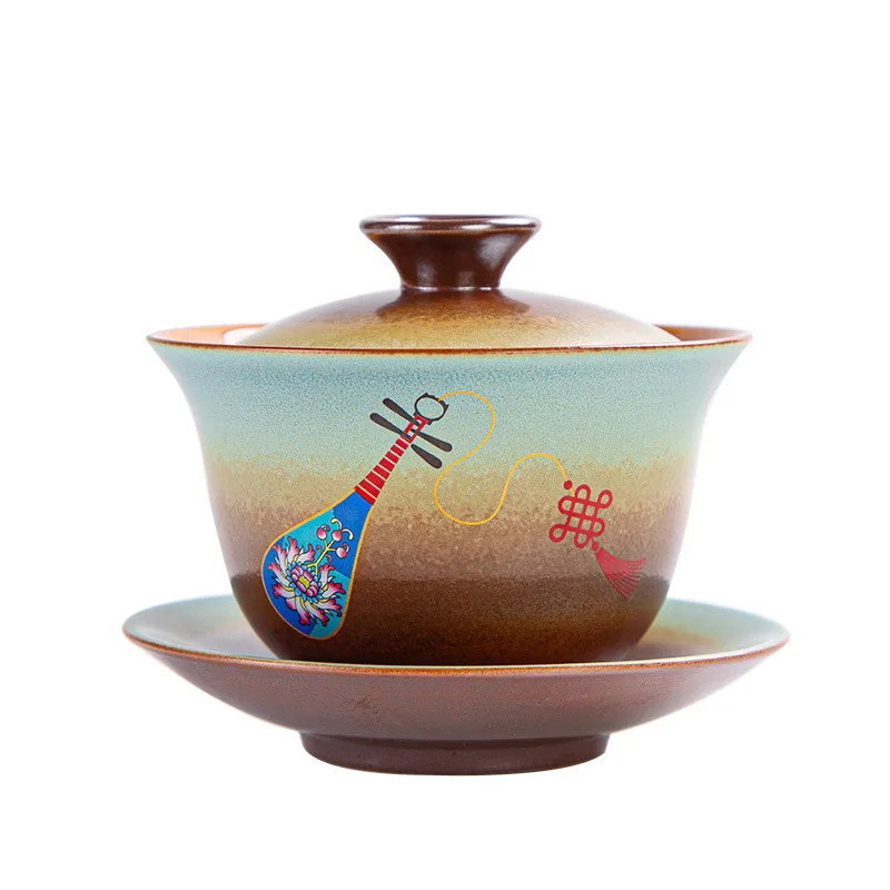 Chinese Ceramic Tea Tureen, Kungfu Tea Cup, Making Device, Ancient Pottery, Teaware Utensils, Vintage Firewood Sancai Gaiwan