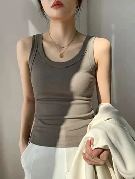 محبوك القطن الصيف بلا أكمام تي شيرت بلايز المرأة بلايز بيضاء عادية نحيل تانك القمم موضة أسود أبيض كاكي أزرق 2