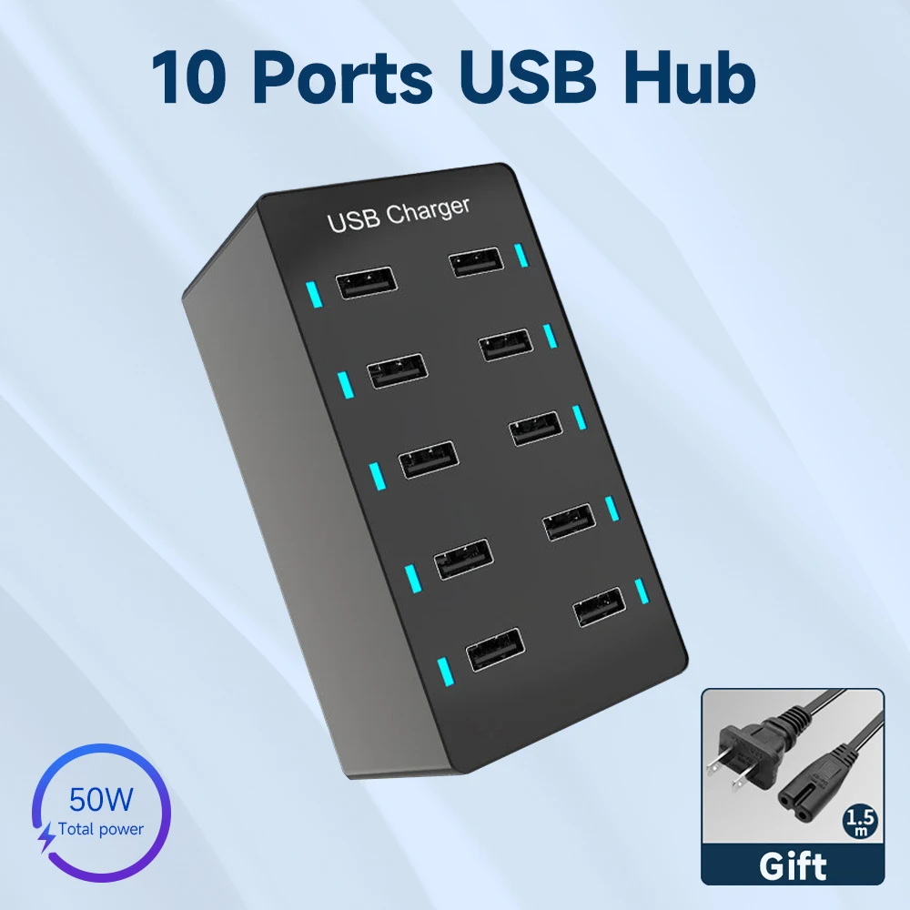 

10 Ports Wall Charger 50W 10-Port Desktop USB Rapid Charger Multiple Charging Station for Smartphones USB Charging Devices