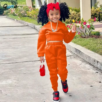 Qunq Children Clothing Autumn Winter Girls New Casual Sports Hoodie Solid Color Hooded Two-piece Set kids clothes 6
