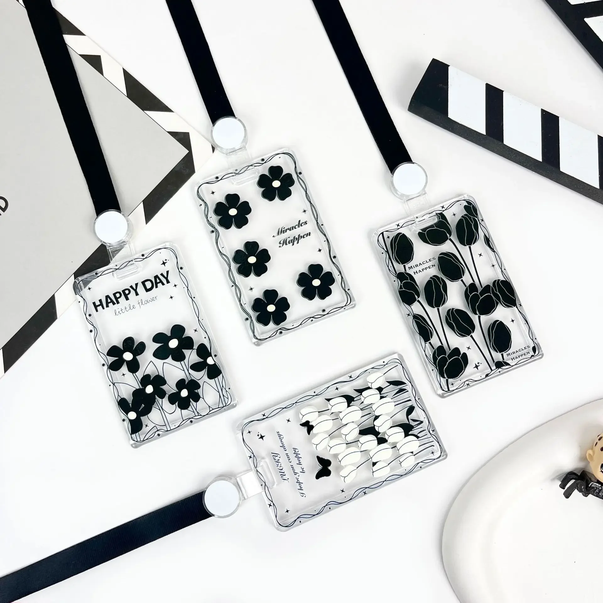 Spring Rope Black Flower Transparent Card Holder Student Card Sleeve Access Control Bus Cards Case Lanyard Covers Id Holder