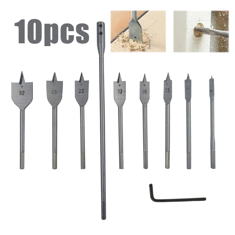 High Quality 6/10pcs Three Point Woodworking Flat Drill Bit Set Round Hexagonal Handle  Opener Set Flat  Bit Plank Punch 6pcs set 10 25mm woodworking three point flat bit drill titanium plated hexagonal shank drill bit woodworking opening tool