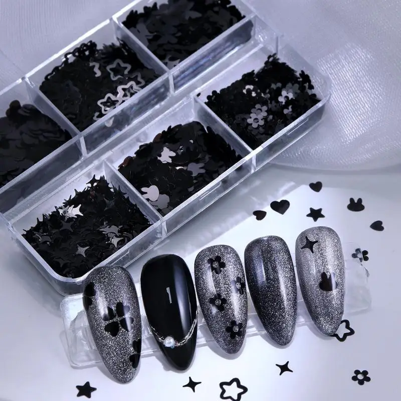 6칸 블랙 하트 모양 나비 별 네일 글리터 믹스 데코 매니큐어 플레이크 반짝이 DIY 네일 매니큐어