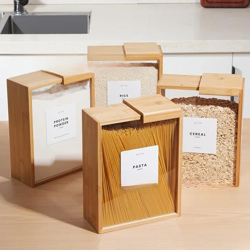 Creative Bamboo and Wood Cereal Storage Box Kitchen Wooden Sliding Cover Cereal Distributor Household Wooden Rice Storage Box 2