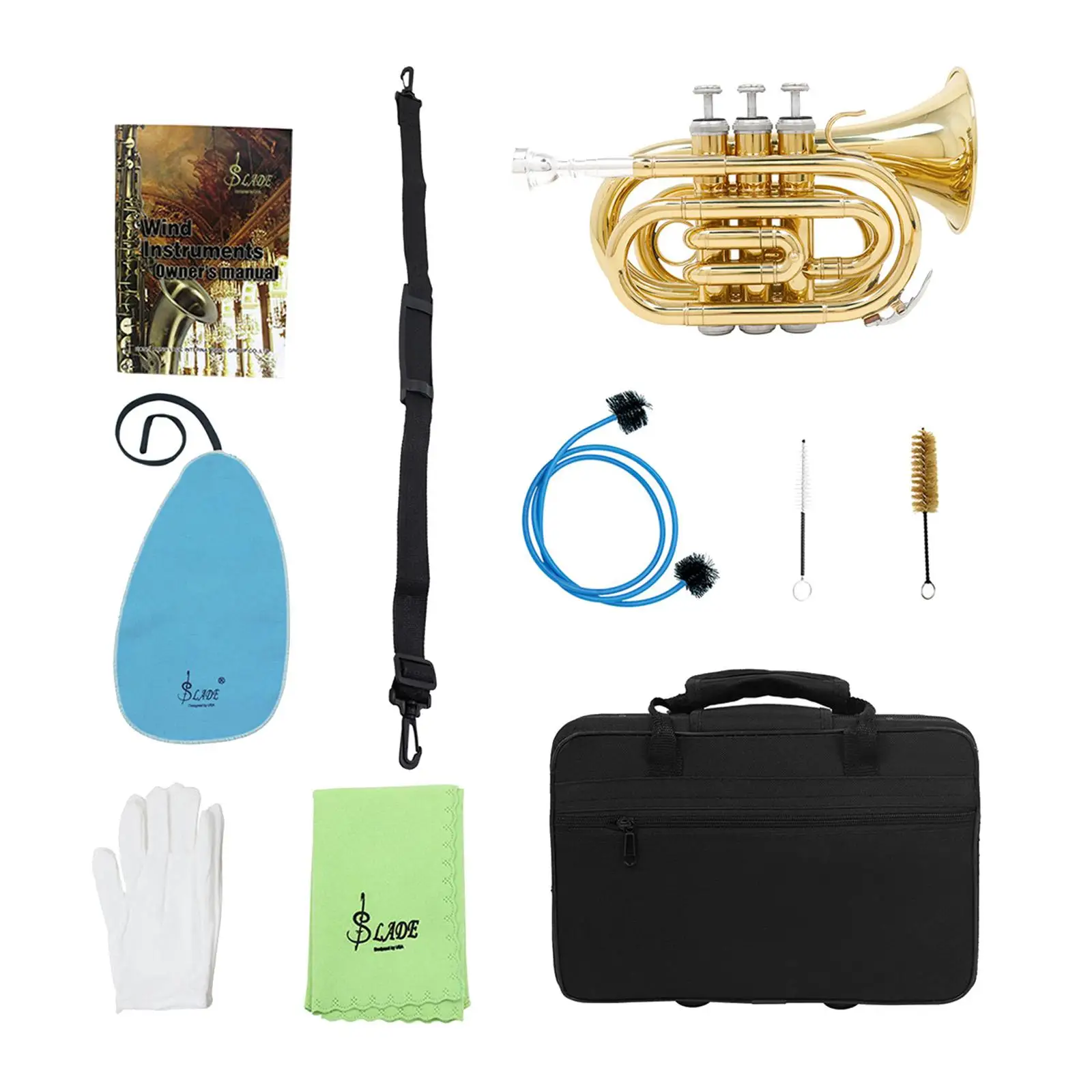 

BB Pocket Trumpet Kits with Carrying Case BB Flat Lightweight Gloves Mouthpiece for Students Beginners