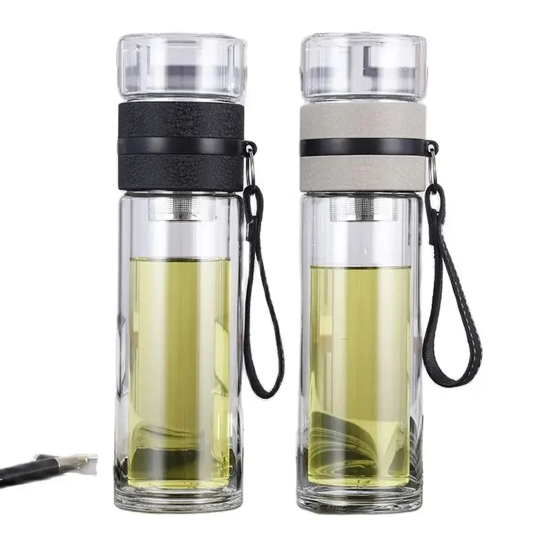 

Portable outdoor 500ML Glass Water bottles for dink tea with infuser Double Wall Bottle for water brief