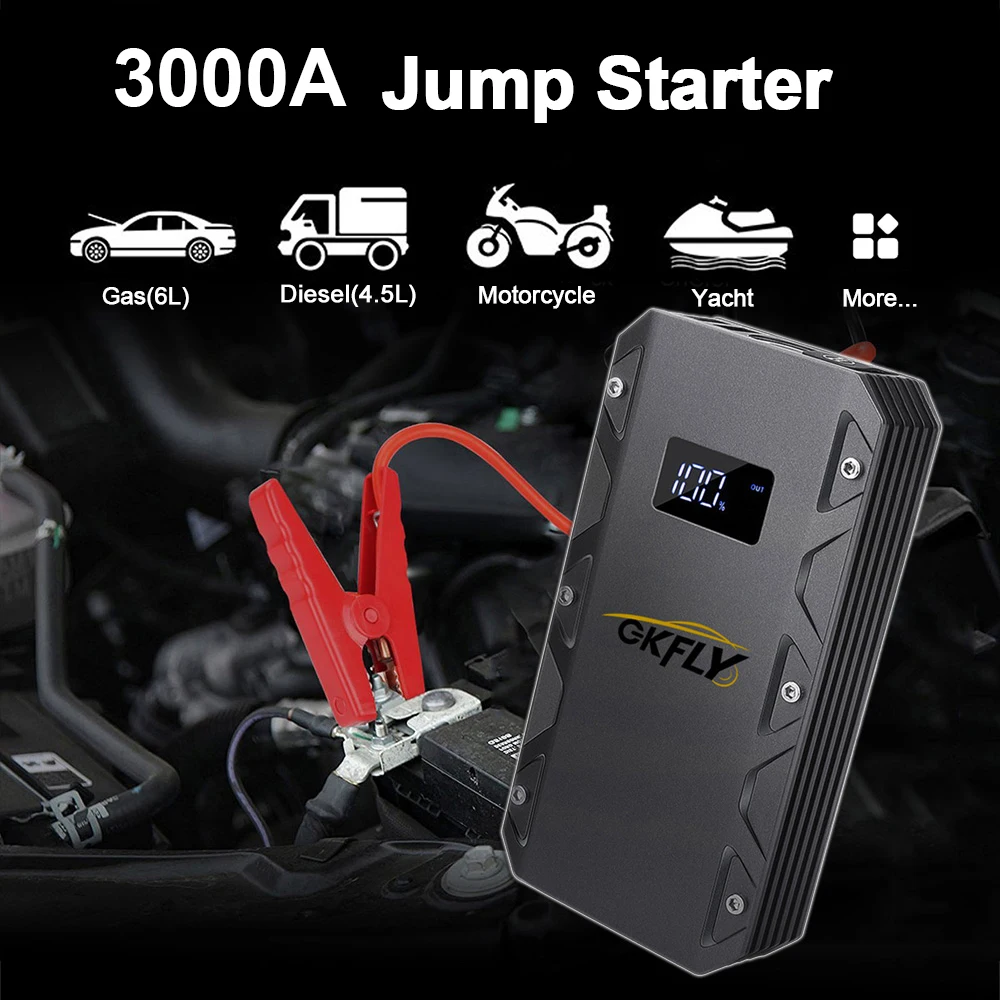 GKFLY 3000A/4000A/6000A Jump Starter Power Bank Portable 12V Car Battery Booster Charger LED Light For Petrol Diesel Cars