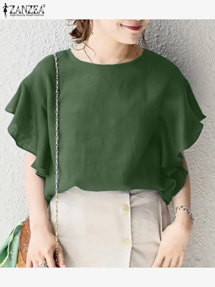 

ZANZEA Summer Elegant Ruffles Hem Shirt Fashion Casual Loose Tunic Tops Female Party Blusas Women Short Sleeve Solid Work Blouse