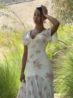 Women Floral Print Flutter Sleeve Pleated Dress Lady Sexy Fashion V-neck Waist Cinched Vestidos 2026 Summer Evening Sundress