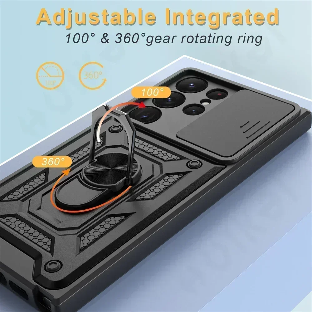 All-in-One Camera Lens Protector Phone Case with Rotating Ring Stand and Armor Cover